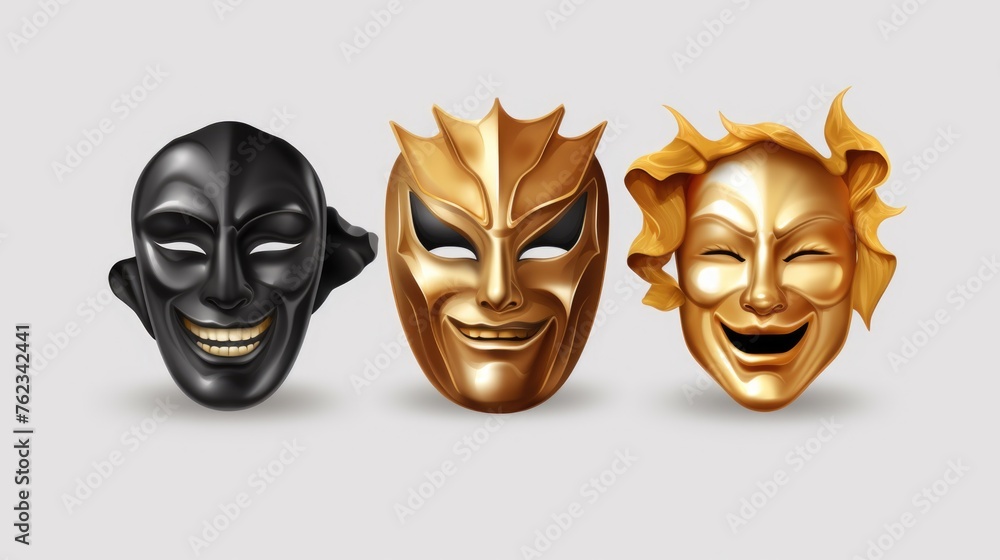 Poster three elegant masks on a white background. perfect for masquerade events