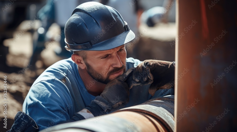 Poster a man wearing a hard hat and gloves working on a pipe. suitable for industrial concepts