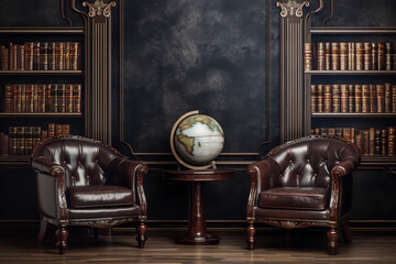 Two vintage brown leather armchairs in a vintage library with a globe on a pedestal between them - obrazy, fototapety, plakaty