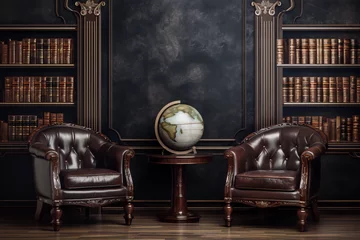 Deurstickers Two vintage brown leather armchairs in a vintage library with a globe on a pedestal between them © lyndaahram