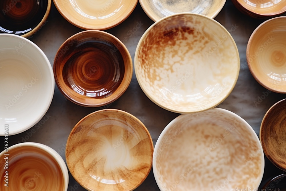 Poster a collection of different types of bowls on a table. ideal for kitchen and dining concepts