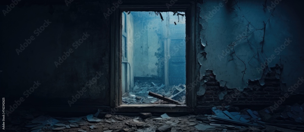 Poster a broken window in a dark building emits a mysterious blue light, creating a striking contrast again