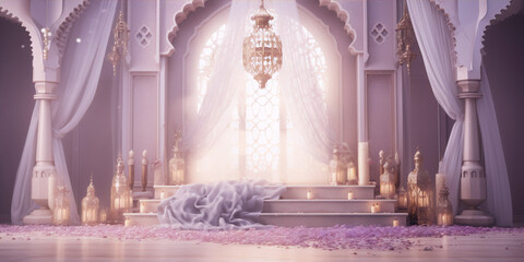 Pink and white dreamy oriental palace interior with soft lighting and pink flower petals on the floor.