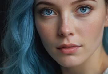 Fototapeta premium Close up fashion portrait of seductive sexy woman with big blue eyes ,full lips , prefect skin and long fluffy curled hairstyle. Natural make up.