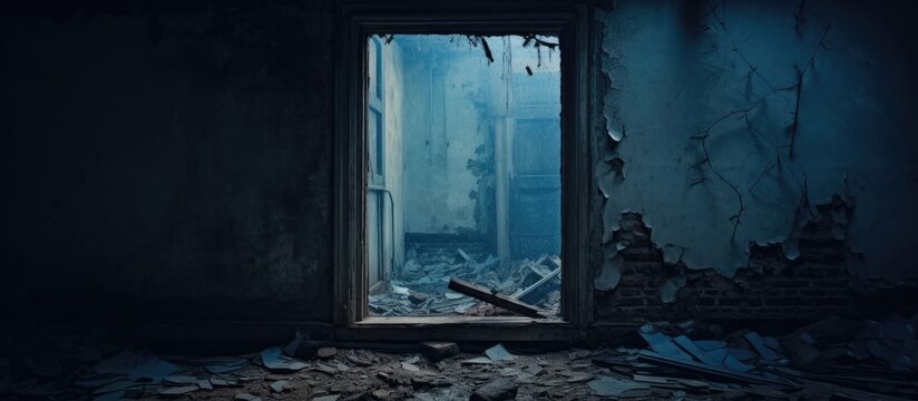 A broken window in a dark building emits a mysterious blue light, creating a striking contrast against the surrounding darkness