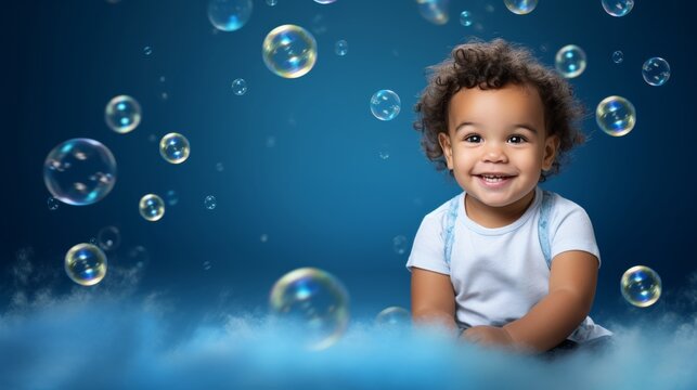 Cheerful African little boy, on a blue background with flying soap bubbles, banner with empty space