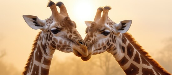 Two Giraffa Giraffidae are nuzzling each other, touching their long necks and looking into each others eyes. They stand in a vast landscape, embodying the beauty of terrestrial animals