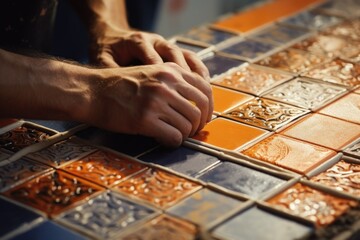 Close up of hands on a tiled table, suitable for various concepts and designs