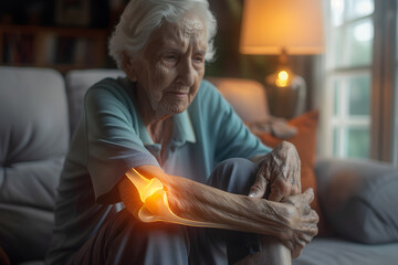 Pain concept - female suffering from elbow pain, pain is visualized as glowing bones - 762343028