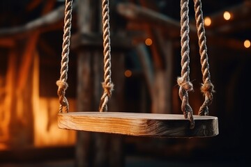 A wooden swing hanging from a rope, suitable for outdoor recreation concepts - obrazy, fototapety, plakaty