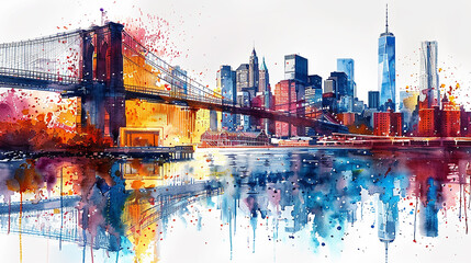 Watercolor touristic postcard, view of Brooklyn Bridge