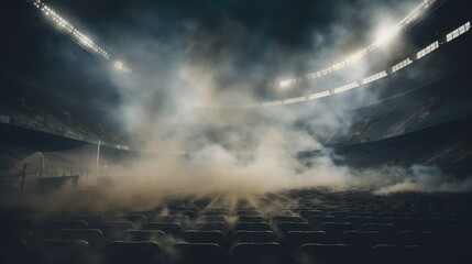 A deserted stadium with smoke rising from the seats. Ideal for sports event cancellations - obrazy, fototapety, plakaty