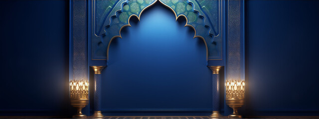 Blue and gold 3D rendering of a Moroccan archway with intricate patterns and glowing lanterns. - obrazy, fototapety, plakaty