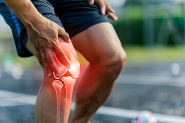 Pain concept - athlete suffering from knee pain, pain is visualized with glowing bones - 762343274