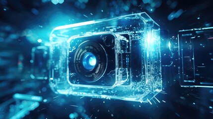 A camera emitting a blue light. Suitable for technology and photography concepts - obrazy, fototapety, plakaty