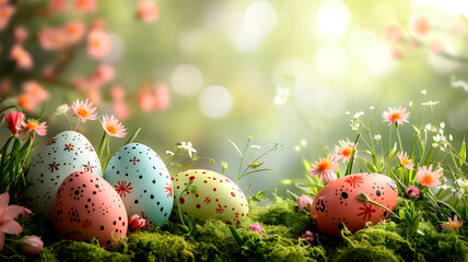 Easter holiday celebration banner in 3d style with colorful eggs , generated AI