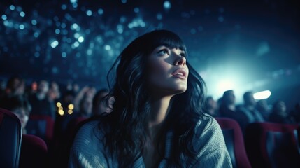 A woman sitting in a theater watching a movie. Ideal for entertainment industry promotions - obrazy, fototapety, plakaty