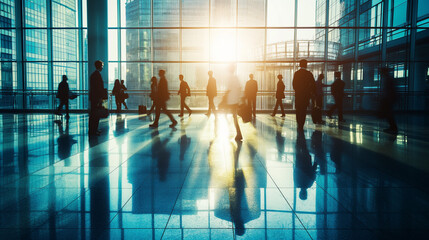 Several silhouettes of businesspeople interacting background business centrer.