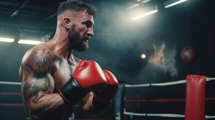 A man with a tattoo on his arm standing in a boxing ring. Suitable for sports and fitness concepts