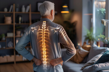Pain concept - senior man suffering from back pain at home, pain is visualized as glowing spine - obrazy, fototapety, plakaty