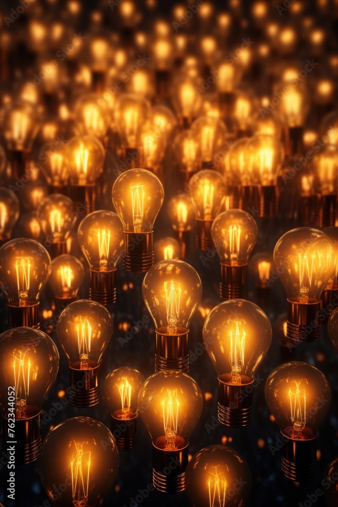 Poster a cluster of glowing light bulbs in the dark, perfect for illustrating creativity and innovation in 