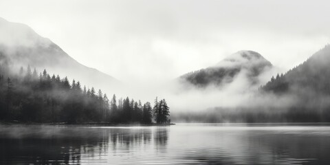 A serene black and white photo of a foggy lake. Suitable for various design projects