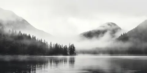 Poster A serene black and white photo of a foggy lake. Suitable for various design projects © Fotograf