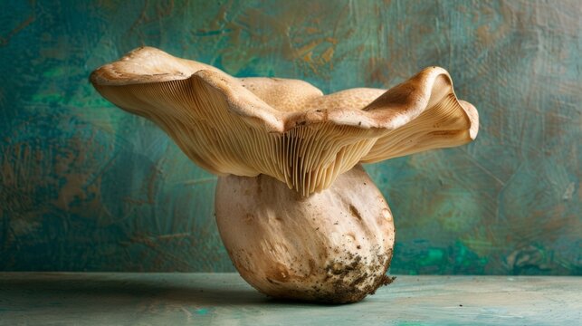 A studio editorial photograph showcasing a mushroom against a green backdrop, capturing the essence of tranquility and creating a serene still-life composition.
