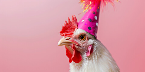 chicken with party heat with pink background and confetti, copy space - obrazy, fototapety, plakaty