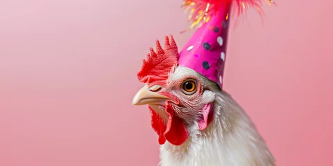 Fotobehang chicken with party heat with pink background and confetti, copy space © PixelCharm