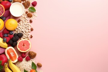 Fresh fruits and nuts displayed on a vibrant pink background, ideal for food and nutrition concepts