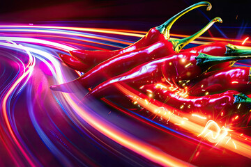 Chili pepper race on a neon speedway, a fiery path to empowerment - obrazy, fototapety, plakaty
