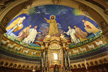 Fototapeta na wymiar Interior of Basilica of Saints Cosma and Damiano in Rome, Italy 