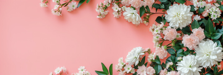White and pink flowers on a pale pink background. Floral poster with place for text. Banner with flowers, top view, flat lay