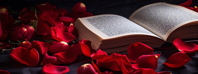 Still life photography of open book with red rose petals scattered on black fabric background - obrazy, fototapety, plakaty