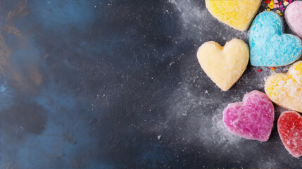 Obraz premium Colorful heart-shaped candies on a dark background. 