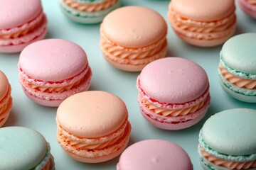 Multi-colored macarons: peach, raspberry, mint are arranged symmetrically on a pale menthol background. Multi-colored cookies with creamy peach filling