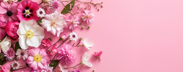 Summer wildflowers: pink, scarlet, white lie beautifully on a pale pink background. Floral poster with place for text. Banner with top view, flat layout