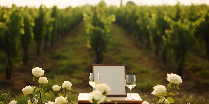 Two wine glasses and a blank frame in a lush green vineyard with white roses in the foreground.