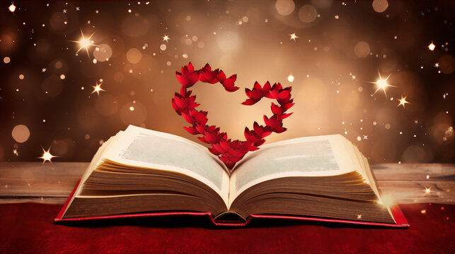 Conceptual image of a book with red heart-shaped flower petals against a brown background with stars.