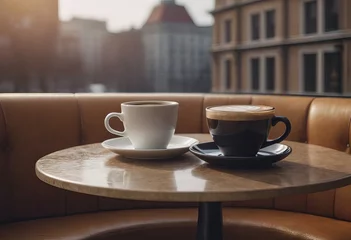 Foto op Plexiglas cup of hot coffee and tea on wood table besides window © Алексей Ковалев
