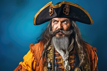 A man wearing a pirate hat and sporting a long beard. Suitable for various themes and concepts