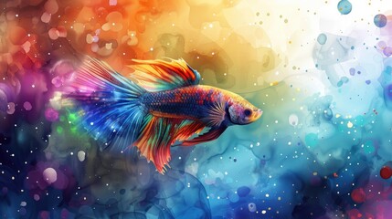 Single fighting fish nebula watercolor background - obrazy, fototapety, plakaty