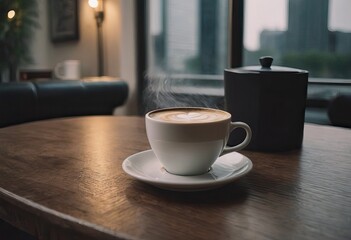Fototapeta premium cup of hot coffee and tea on wood table besides window