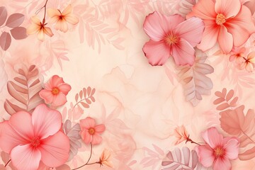 Floral poster of pink and beige flowers on a pale beige background. Poster in pastel colors with space for text. Congratulatory concept