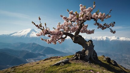 Bonsai tree at the top of the mountain in the spring