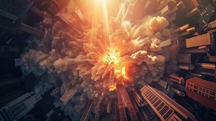 Skyscrapers under a colossal explosion dusk light - obrazy, fototapety, plakaty