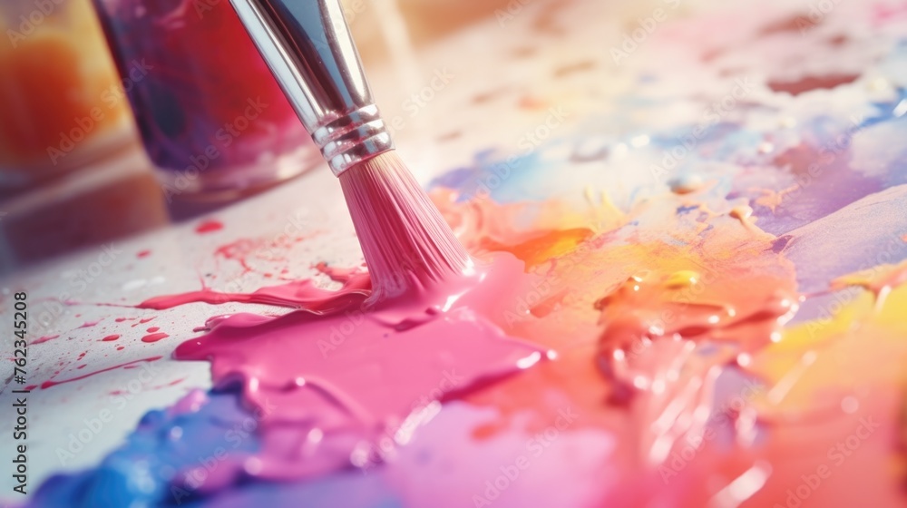 Poster close up of a paint brush on a paint palette. suitable for art and creativity concepts