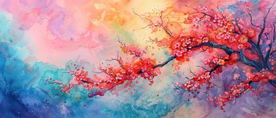 Watercolor cherry blossoms against sky cool dawn