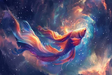 Tuinposter Watercolor galaxy backdrop fighting fish forefront © Pungu x